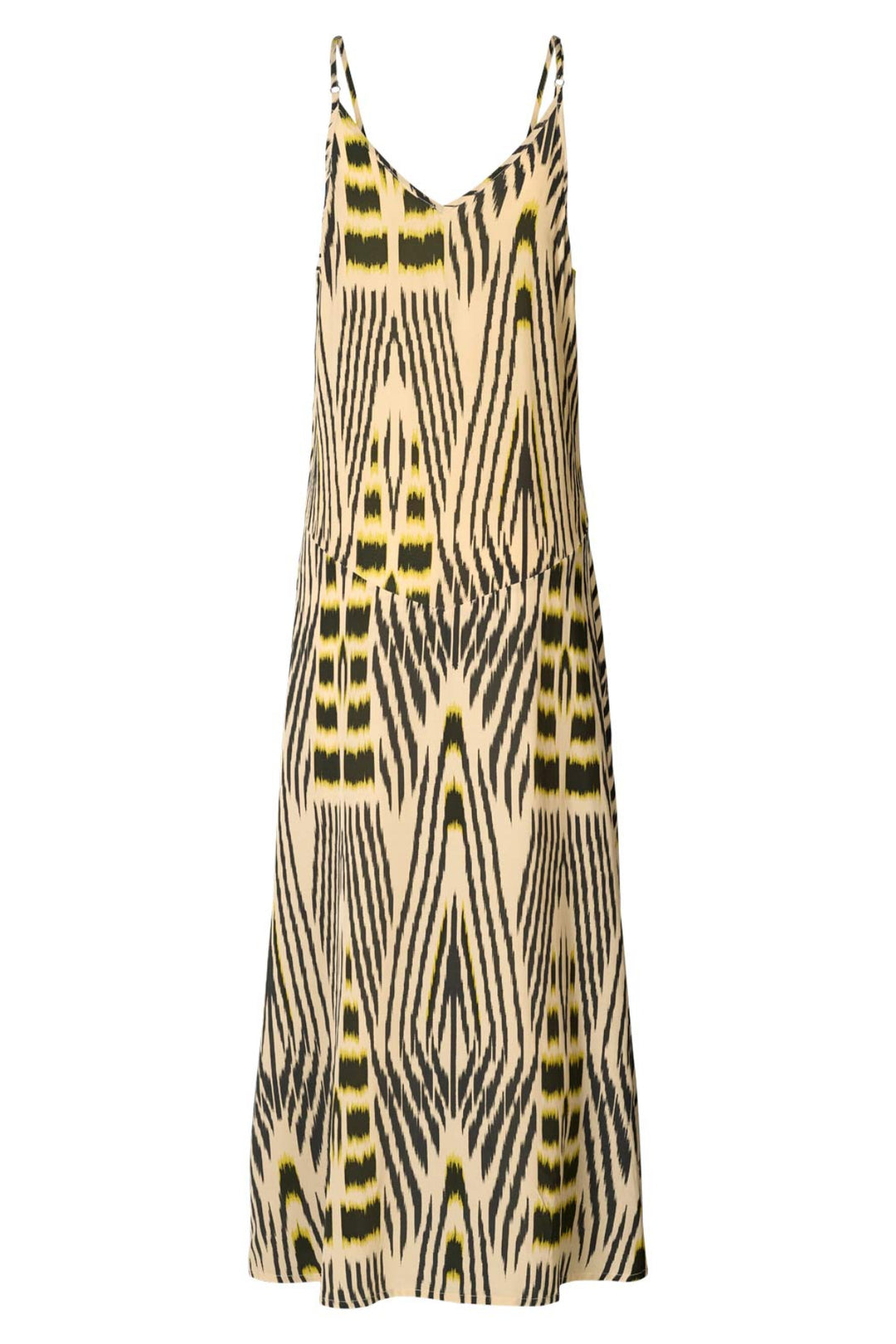 Rabens Saloner Annebeth Ikat V-Dress i citrus black dark beige – ankellang kjole med håndfarvet ikat-mønster og tynde stropper.