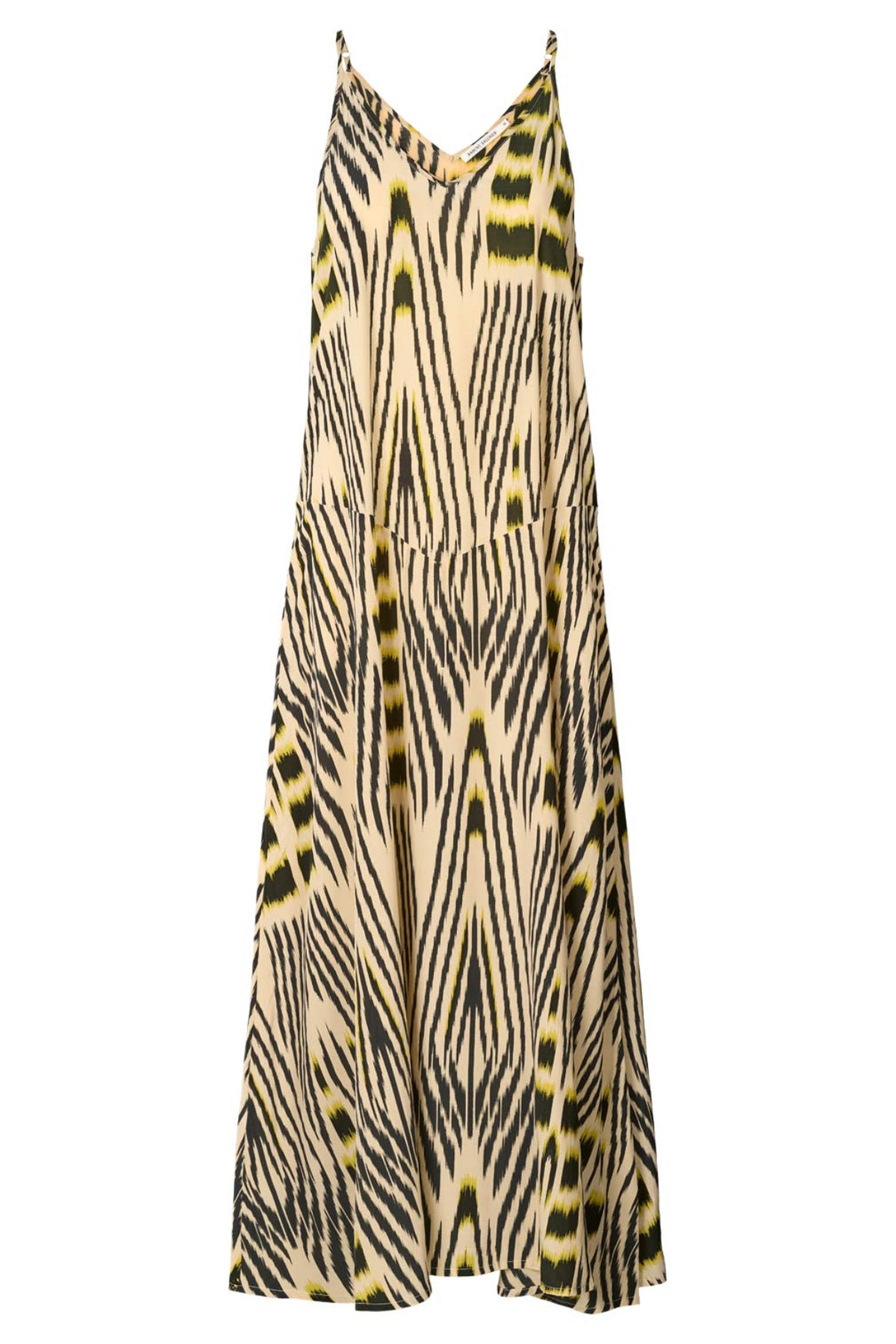 Rabens Saloner Annebeth Ikat V-Dress i citrus black dark beige – ankellang kjole med håndfarvet ikat-mønster og tynde stropper.
