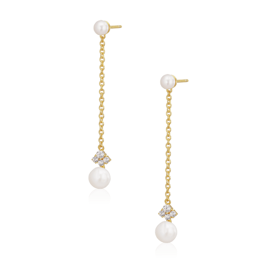 Alura Copenhagen Ocean Earstud 13 – forgyldt sterling sølv ørestik med ferskvandsperle og glitrende zirconia, længde ca. 4,5 cm.
