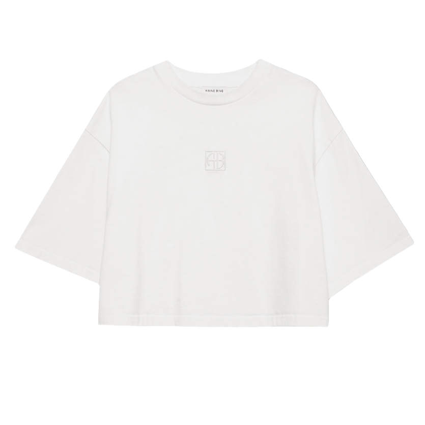 Anine Bing Myers Cropped Tee – cropped oversized T-shirt i 100% bomuld med broderet monogram. Minimalistisk design i ivory, perfekt til casual chic looks.