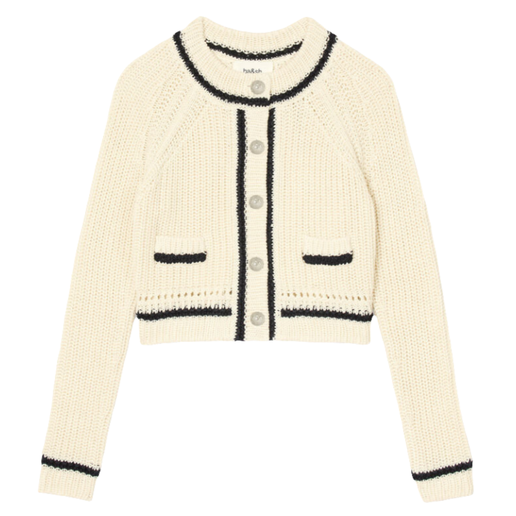 ba&sh Beatrice Cardigan – cropped cardigan i økologisk bomuld med kontrastbånd, rund hals og knaplukning. 