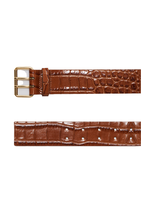 Anine Bing Mila Belt – bredt bælte i 100% kalvelæder med croco-embossed tekstur. Utility-inspireret design med guldfarvet dobbeltrins-spænde.