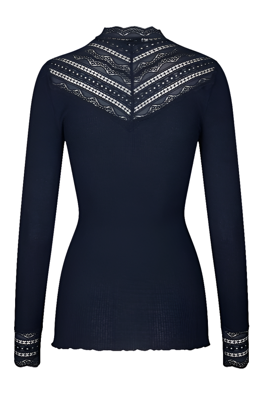 Rosemunde Blouse with Lace – Navy Silkebluse med Blonder og Høj Hals