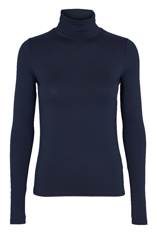 Joline T-Neck fra Basic Apparel - Silkeblød Tencel Navy Bluse med Rullekrave