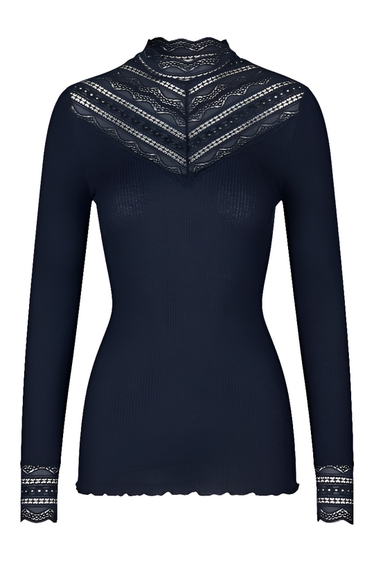 Rosemunde Blouse with Lace – Navy Silkebluse med Blonder og Høj Hals