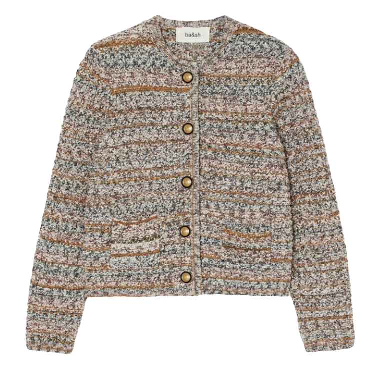 ba&sh Guspa Cardigan – cropped cardigan i beige med guldfarvede knapper, lommer og rund hals. Perfekt til lag-på-lag styling.