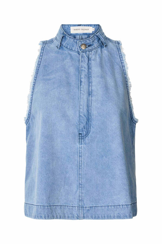 Rabens Saloner Faya Halter top i lys denim med halterneck, ribkanter og jeans-inspirerede detaljer.