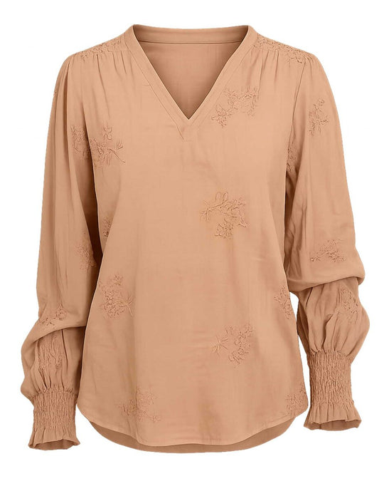 Continue Emma bluse i nougat bomuld med broderet blomstermønster