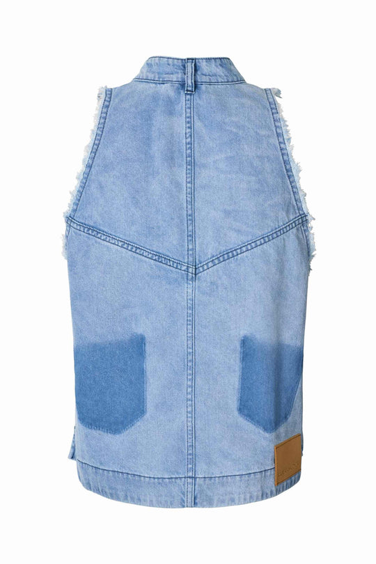 Rabens Saloner Faya Halter top i lys denim med halterneck, ribkanter og jeans-inspirerede detaljer.