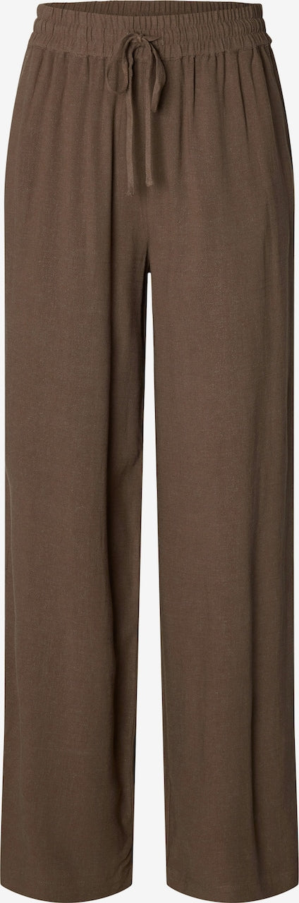 Selected Femme Viva-Gulia HW Long Sun Pant i hørblanding med høj elastisk talje, justerbar snor, skårede sidelommer og loose fit. Perfekte forår- og sommerbukser. 