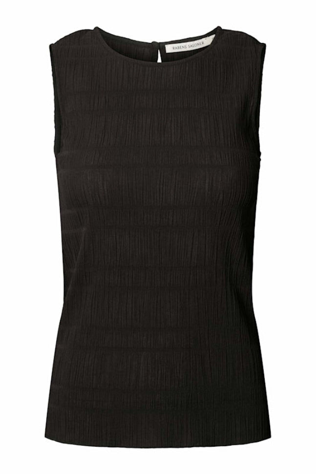 Rabens Saloner Manola smock tanktop i sort med krinklet struktur og tætsiddende pasform.