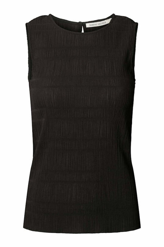 Rabens Saloner Manola smock tanktop i sort med krinklet struktur og tætsiddende pasform.