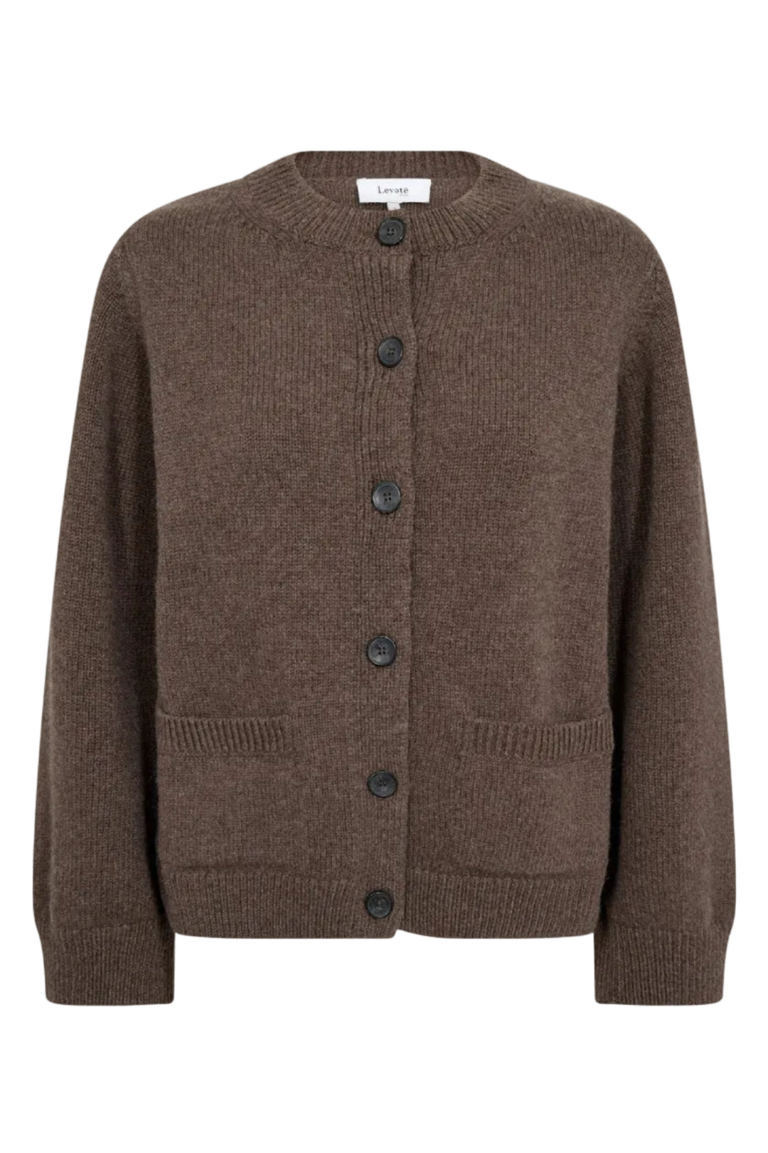Levete Room LR-Perle 9 Cardigan i brun, strikket i merinould og cashmere med rund hals og knaplukning.