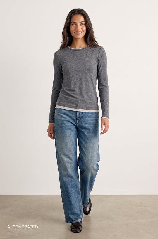 Josephine 5 T-shirt i mørkegrå med rund hals og lange ærmer
