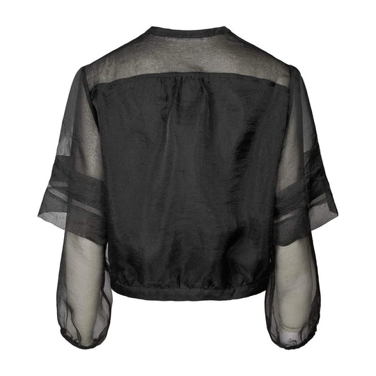 Rabens Saloner Everlyn Organza skjortejakke i sort med slank pasform, cropped længde og transparent design. Lavet i 52 % genanvendt polyester. 