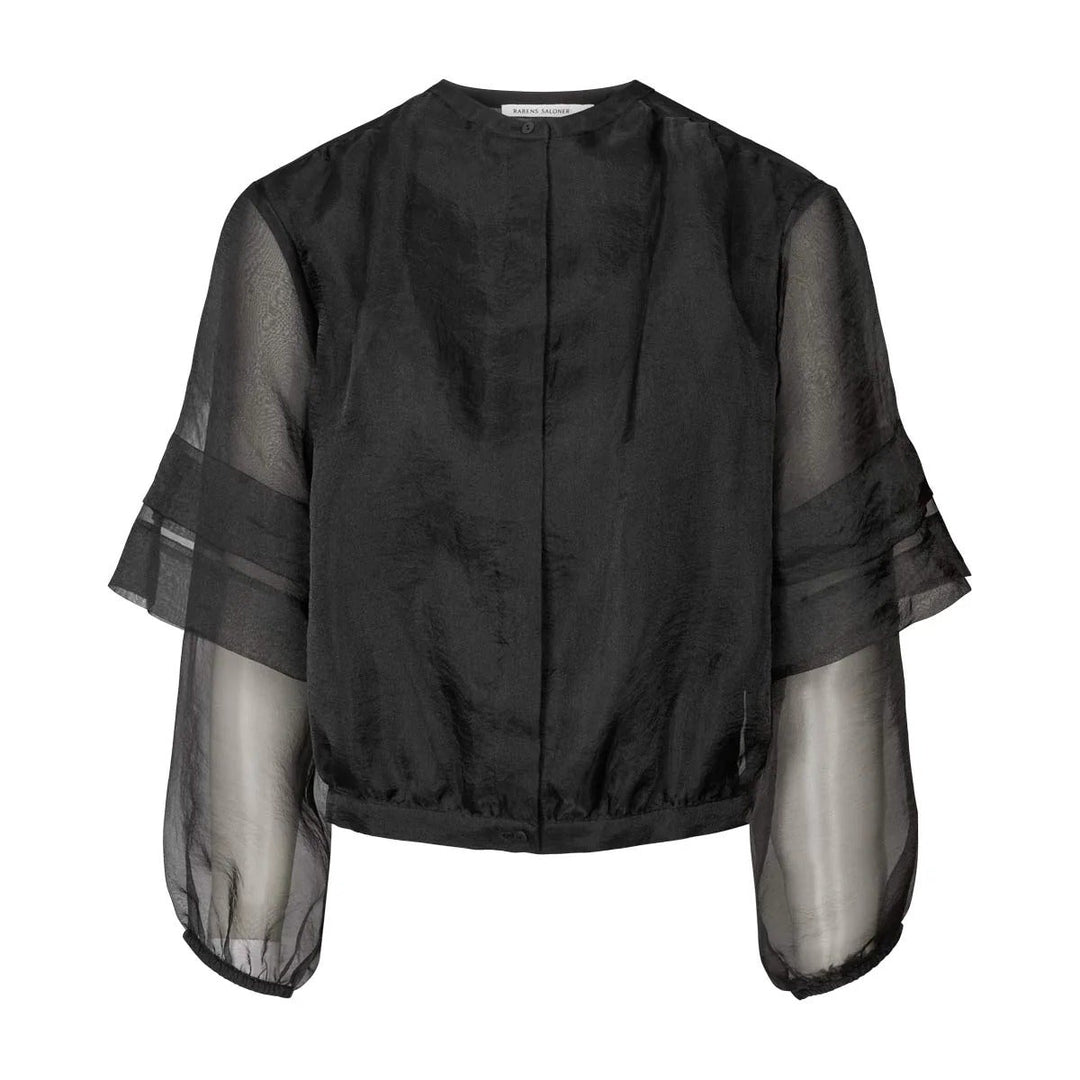 Rabens Saloner Everlyn Organza skjortejakke i sort med slank pasform, cropped længde og transparent design. Lavet i 52 % genanvendt polyester. 