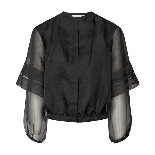 Rabens Saloner Everlyn Organza skjortejakke i sort med slank pasform, cropped længde og transparent design. Lavet i 52 % genanvendt polyester. 