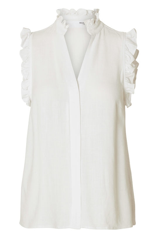 Selected Femme Viva SL top snow white – ærmeløs top med flæser og V-hals.