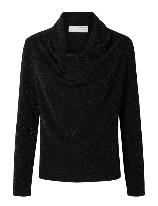 Selected Femme Sandra LS Cowl Neck Top i sort – langærmet bluse med vandfaldsudskæring, blød bomuldsjersey-foring og elegant finish.
