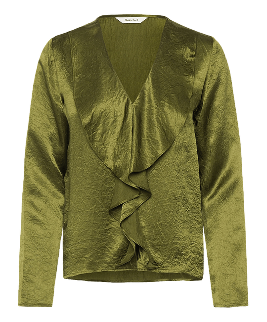 Selected Femme Selene LS V-Neck Top EX i avocado – langærmet top med V-udskæring, flæsedetaljer foran og regular fit i let strikket kvalitet.
