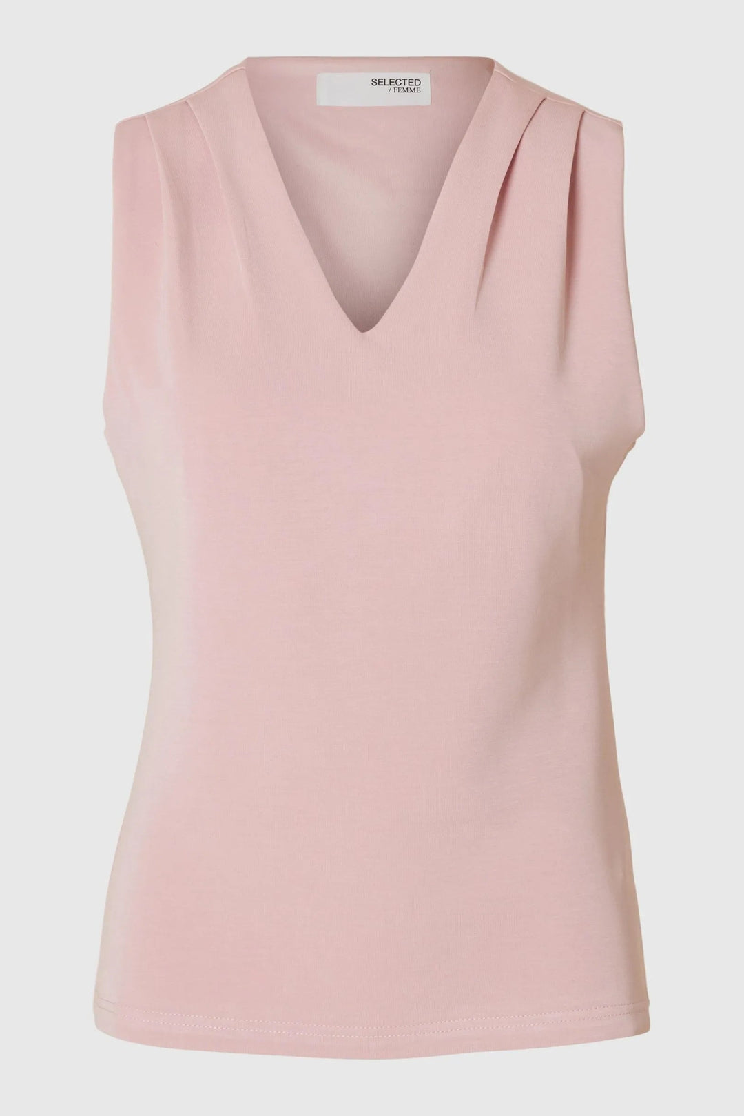 Selected Femme Tenny SL V-Neck i bleached mauve – ærmeløs top med V-udskæring, plisserede skuldre og elegant, tidløs silhuet.
