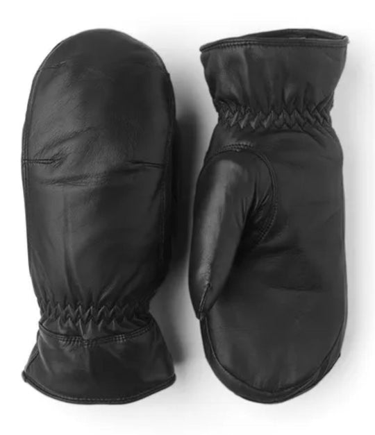 Hestra Viska Viken luffer i sort læder – klassiske lædervanter med elastik ved håndleddet og blødt, varmt for.
